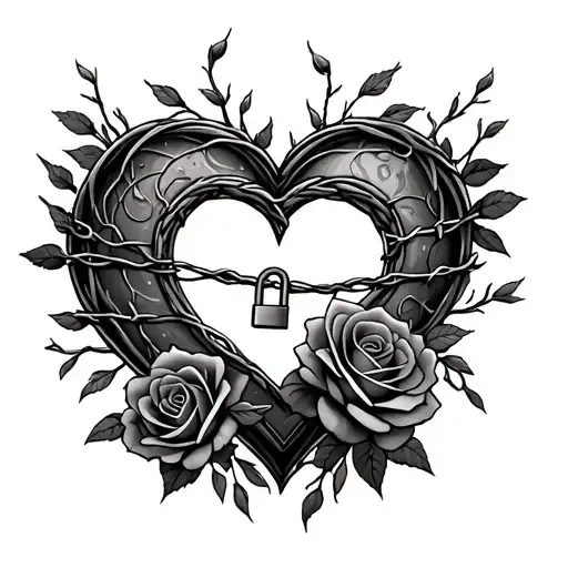 A Heart Shape Among Barb Wire And Lock And Roses