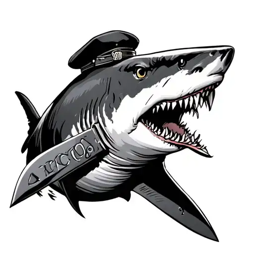 Shark Holding A Kabar Knife In Its Mouth And Ranger Beret On Its Head
