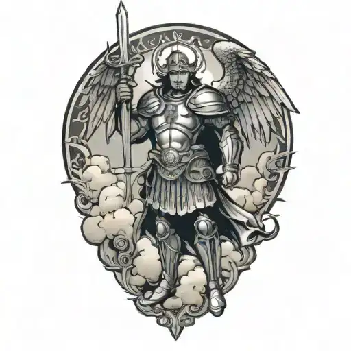 Saint Michael On Top Of Clouds With Armor Holding Sword