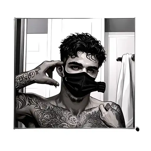 Male In Bathroom Looking At Mirror Taking Off A Mask