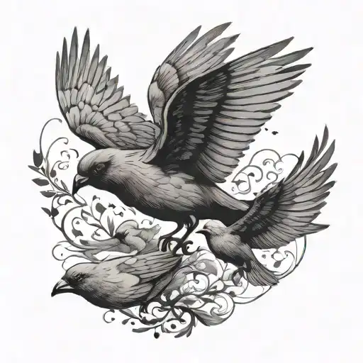 Silhouette Of Father Bird With Three Little Birds Flying