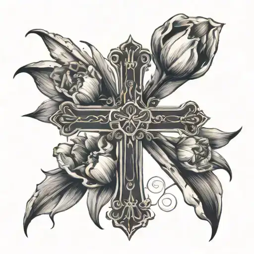 Cross With Scripture Inside And Tulips That Surround