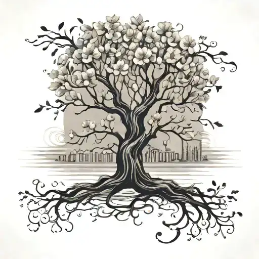 A Beautiful Tattoo Of A Family Tree With Branches Made Of Waves And Blossoming Flowers