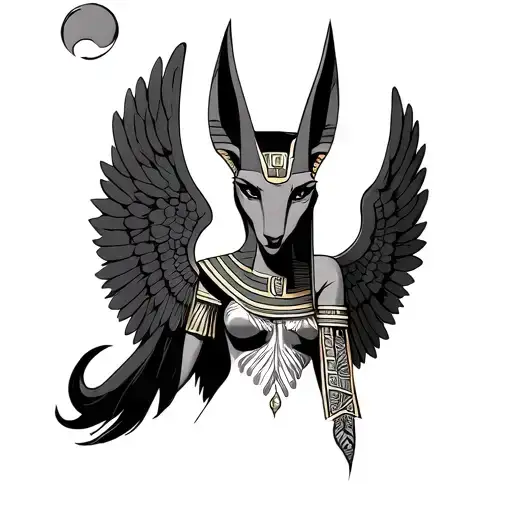 Female Egyptian Anubis With Angel Wings And A Moon In The Background