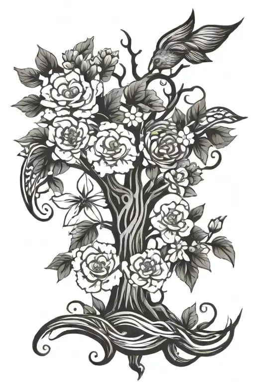 A Beautiful Tattoo Of A Family Tree With Branches Made Of Waves And Blossoming Flowers
