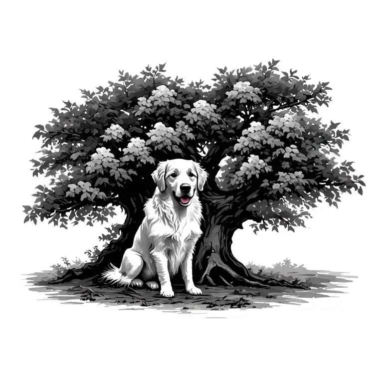 Rowan Tree With Golden Retriever Sitting