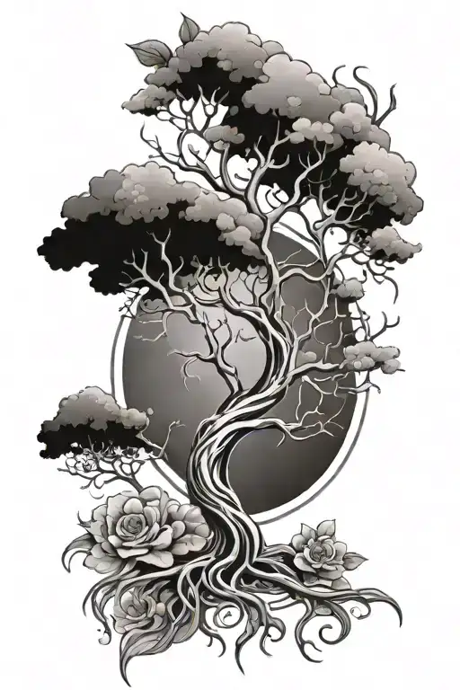 A Beautiful Tattoo Of A Family Tree With Branches Made Of Waves And Blossoming Flowers