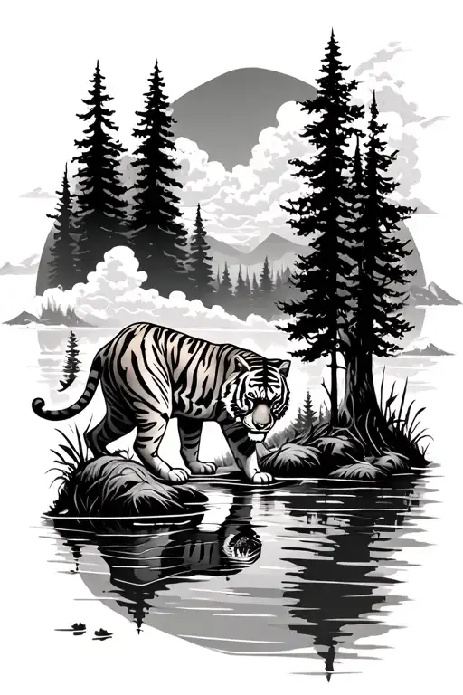 Flagstaff Nature Scene With Tiger Drinking From Lake And Clouds All Around And Lots Of Shading