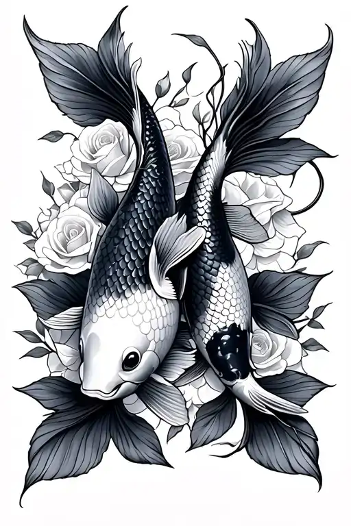 Two Large Koi Fish With Long Flowing Fins And Roses Around Them