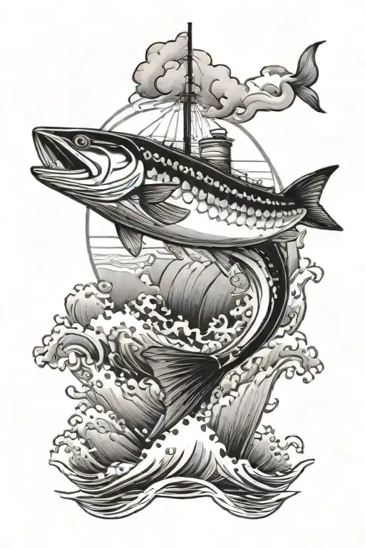 Small Boat On Top Of Waves With A Huge Salmon Underneath Ocean