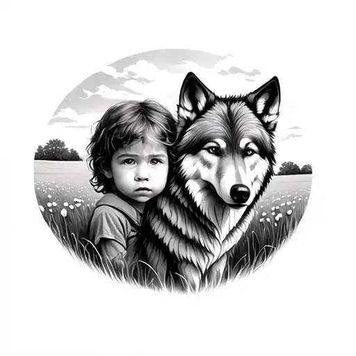 2 Children Haramnos A Wolf And A Field Landscape