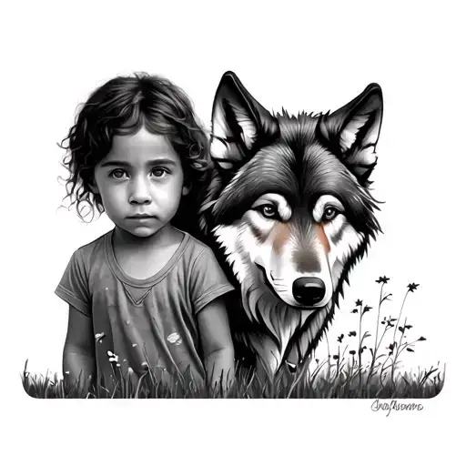 2 Children A Wolf And A Field Landscape