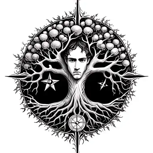 Tree Of Life W The No Faced Mans Face Inside And Roots Creating A Compass At The Bottom Of The Tree