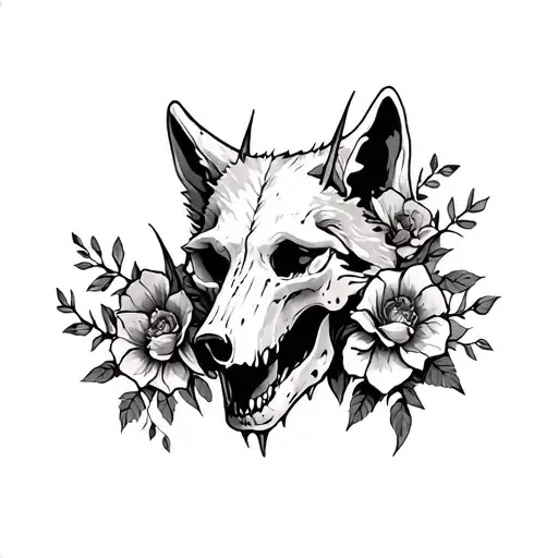 Wolf Skull With Thorns And Flowers Intertwined