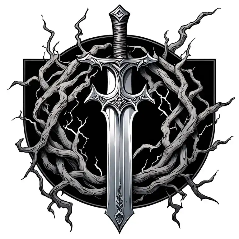 Vertical Sword With Lightning And Vines Around It