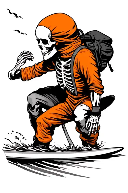 Surfing Skeleton In A Orange Jumpsuit And A Black Headsack
