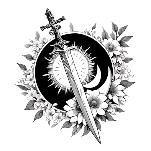 Small Dagger Inter Winded With Dainty Flowers With Sun And Moon And A Christian Reference