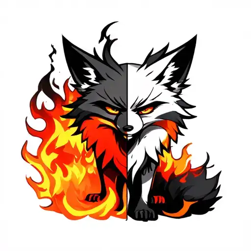 Female Fox Half On Fire Half Cold Standing Still With Half Angry Face With 9 Tails