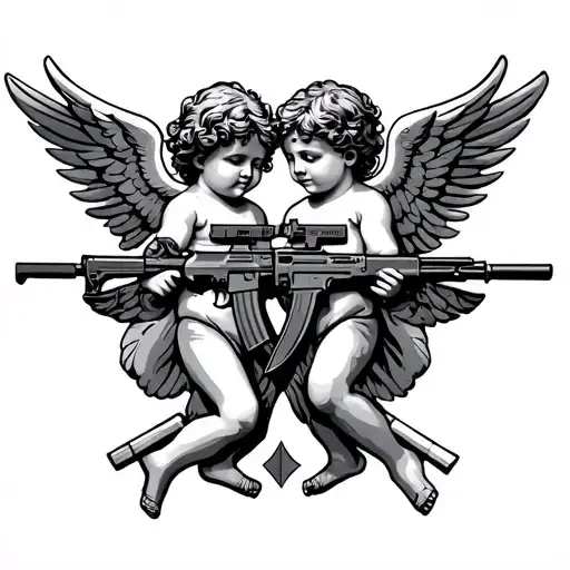Cherubs Carrying Assault Rifles Crossed
