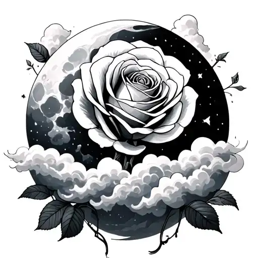 Moon Above Clouds With A Rose