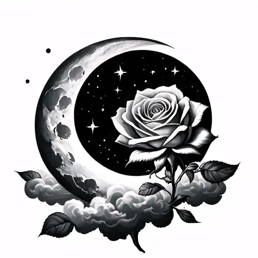 Cresent Moon Above Clouds With A Rose