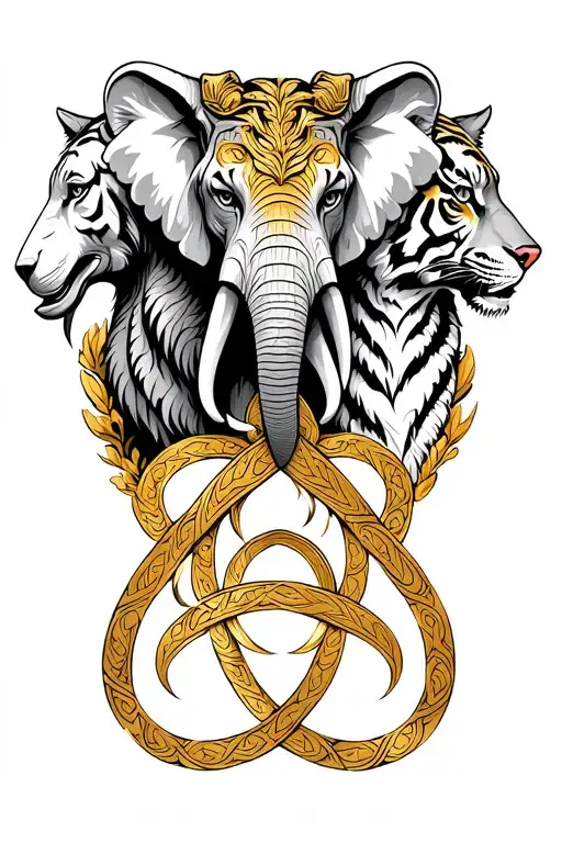 Golden Trinity Knot With Elephant And Wolf And Tiger At Each Corner