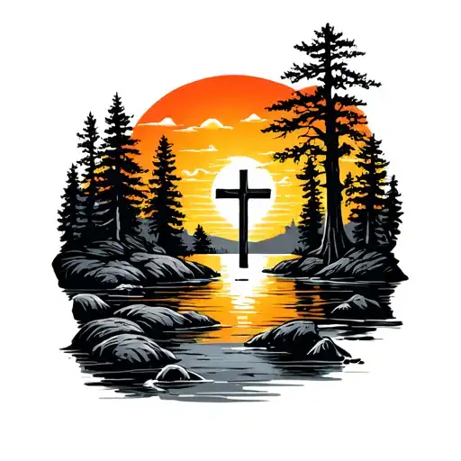 Cross With Creeks And Trees Colors Sunset Over Lake