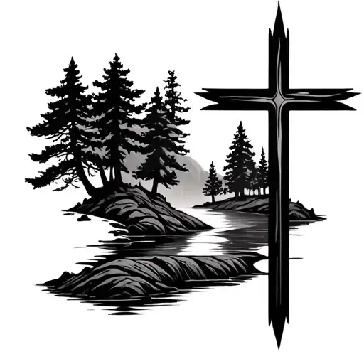 Cross With Creeks And Trees