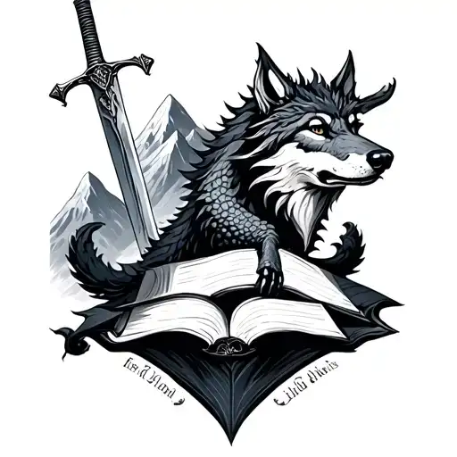 Wolf And Dragon And Books And Sword And Mountains
