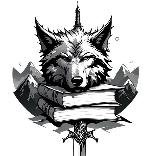 Wolf And Dragon And Books And Sword And Mountains