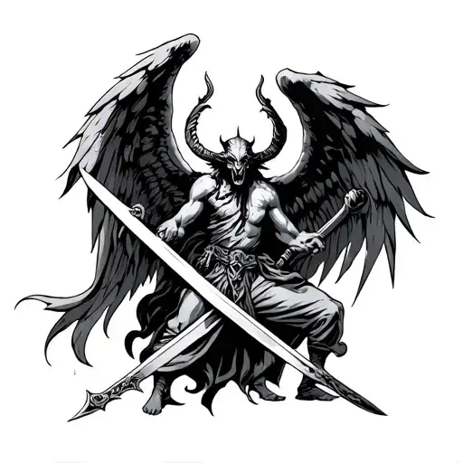 Angel And Demon Fighting With Swords Crossed