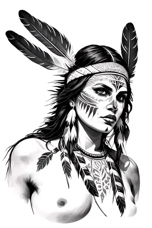 Topless Native American Female With Light Face Paint And Single Feather Headband