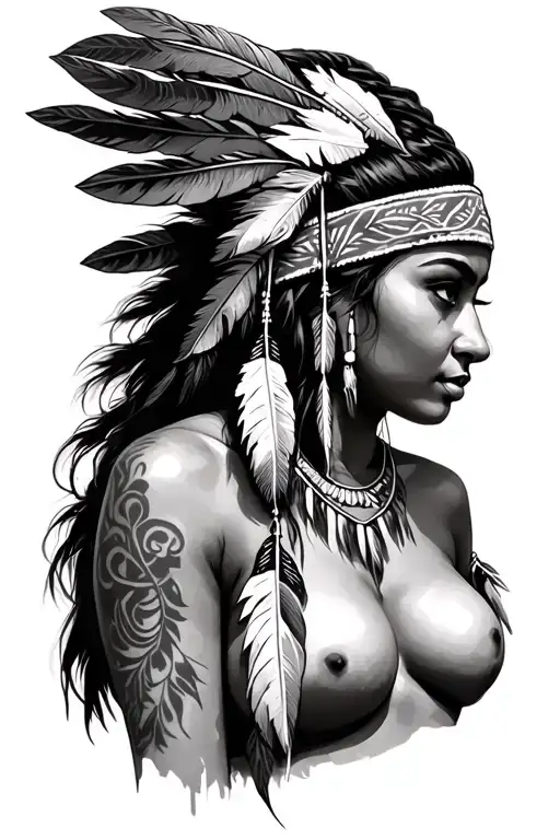 Topless Native American Female With No Tattoos And Single Feather Headband