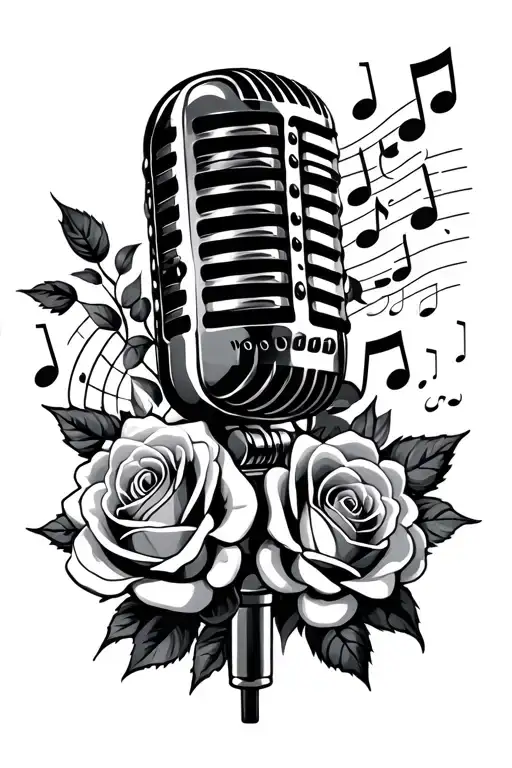 Microphone Surrounded By Roses Intertwined With Musical Notes