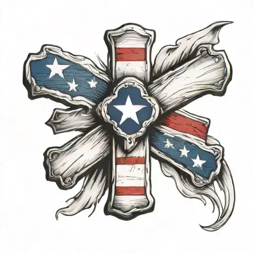 Wooden Cross With Texas Flag Wrapped Around With Cow Sculll At Bottom
