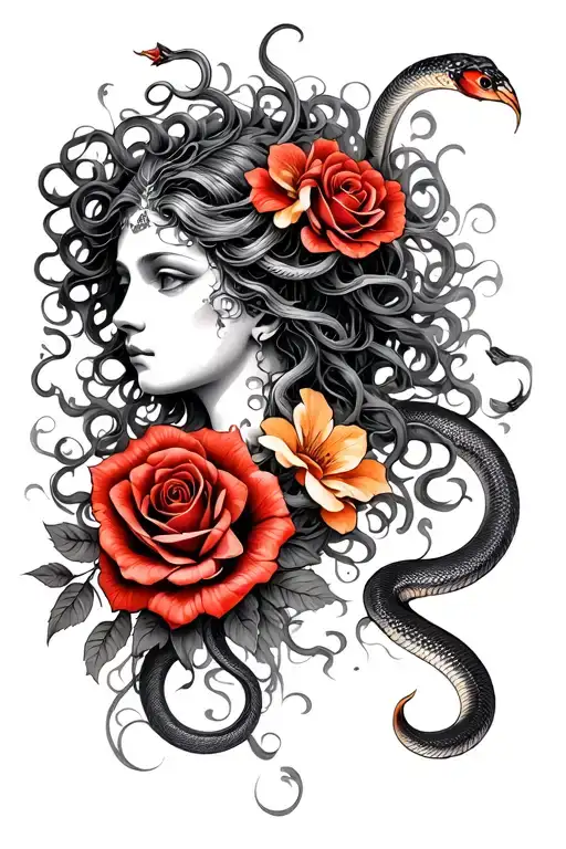 Medusa Head With Snake Hair Red Roses And Orange Blossoms Flowing