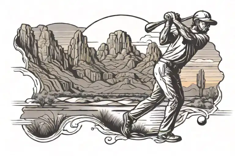 Golfer Hitting Into Arizona Sunset Background And Mountains