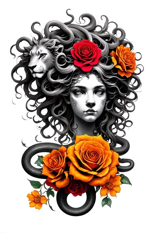 Medusa Head With Snake Hair Red Roses And Orange Blossoms Flowing With 3 Lion Heads Within The Hair