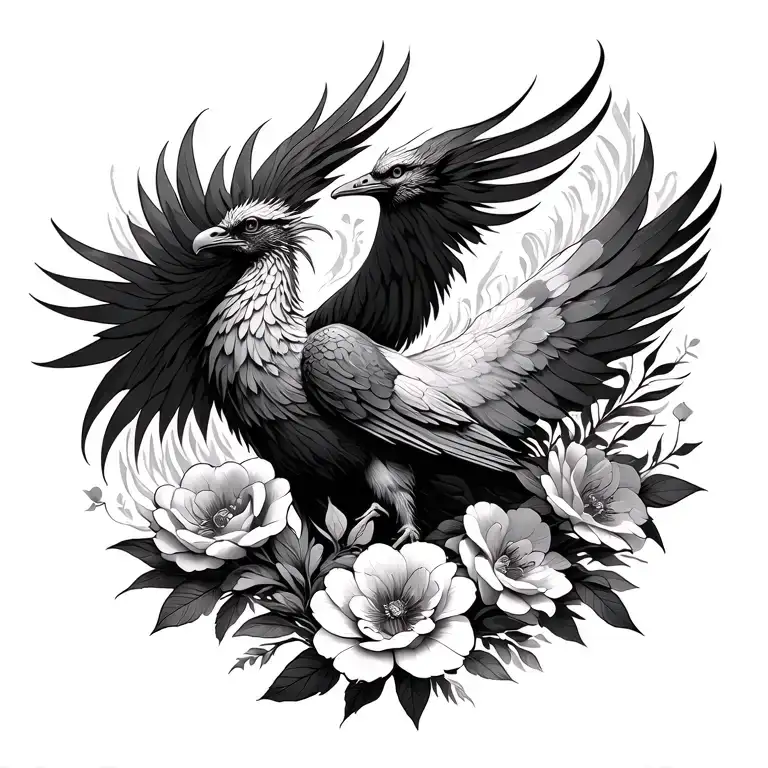 Phoenix And Flowers Surrounding