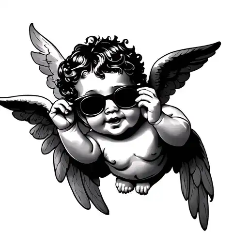 Decadent Cherub With Cheeky Smirk And Pulling Down Sunglasses