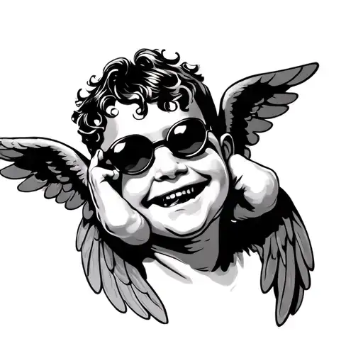 Decadent Cherub With Jack Nicholson Cheeky Smirk And Pulling Sunnies