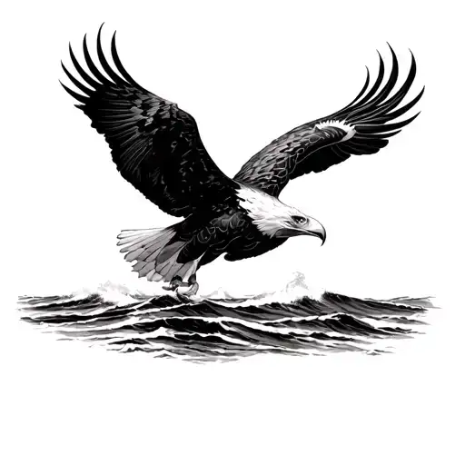 Eagle Soaring Over Ocean Viewed From The Side View