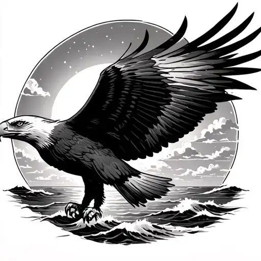 Eagle Flying Over The Ocean With Sun Peeking Through The Clouds