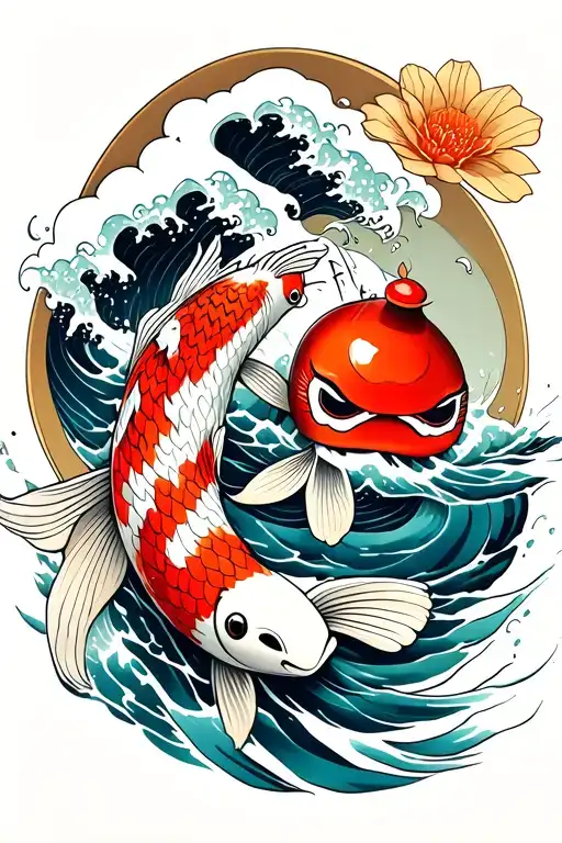 Koi Fish Swimming Upstream And Daruma Doll And Wave