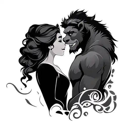 Beauty & Beast Couple Tattoo Black And Grey Words