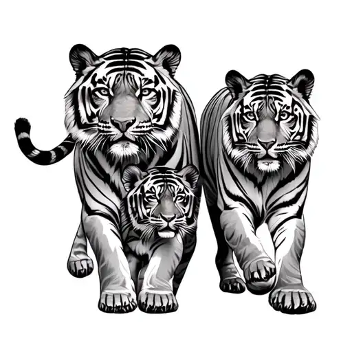 Male And Female Tiger Walking Behind A Tiger Cub