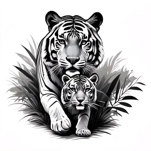 Male And Female Tiger Walking Behind A Tiger Cub Walking Through The Jungle