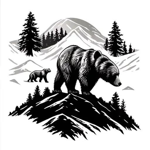 Bear And Cub Silhouetted On Ridge