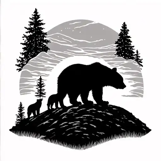 Bear And Cub Silhouetted On Ridge