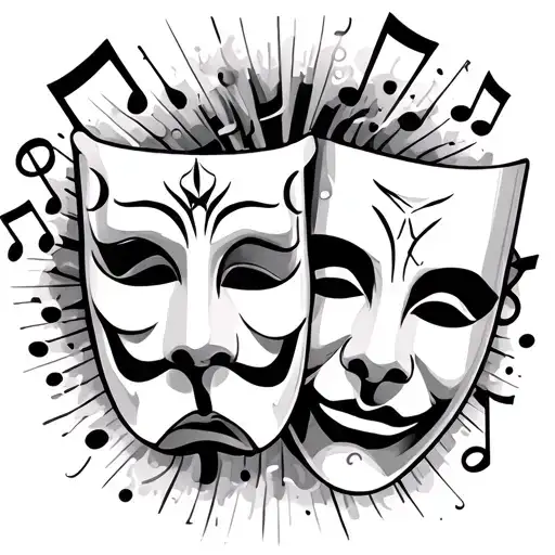 Theatrical Masks With Music Notes And A Stage